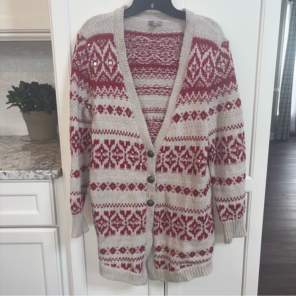 J. Jill Women’s Nordic Cardigan Sweater M Cream Red Wool Sequin Button Front